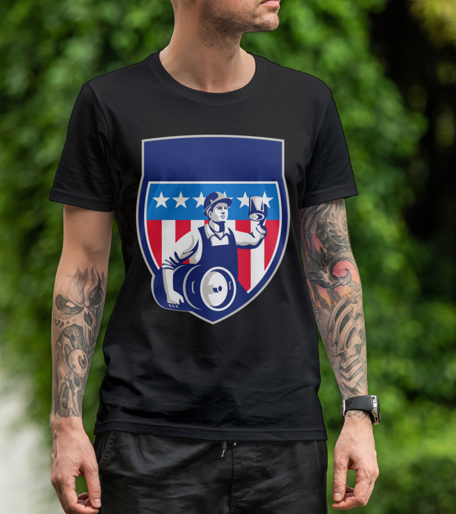 American Construction Worker Beer Keg Stars And Stripes Crest T-Shirt