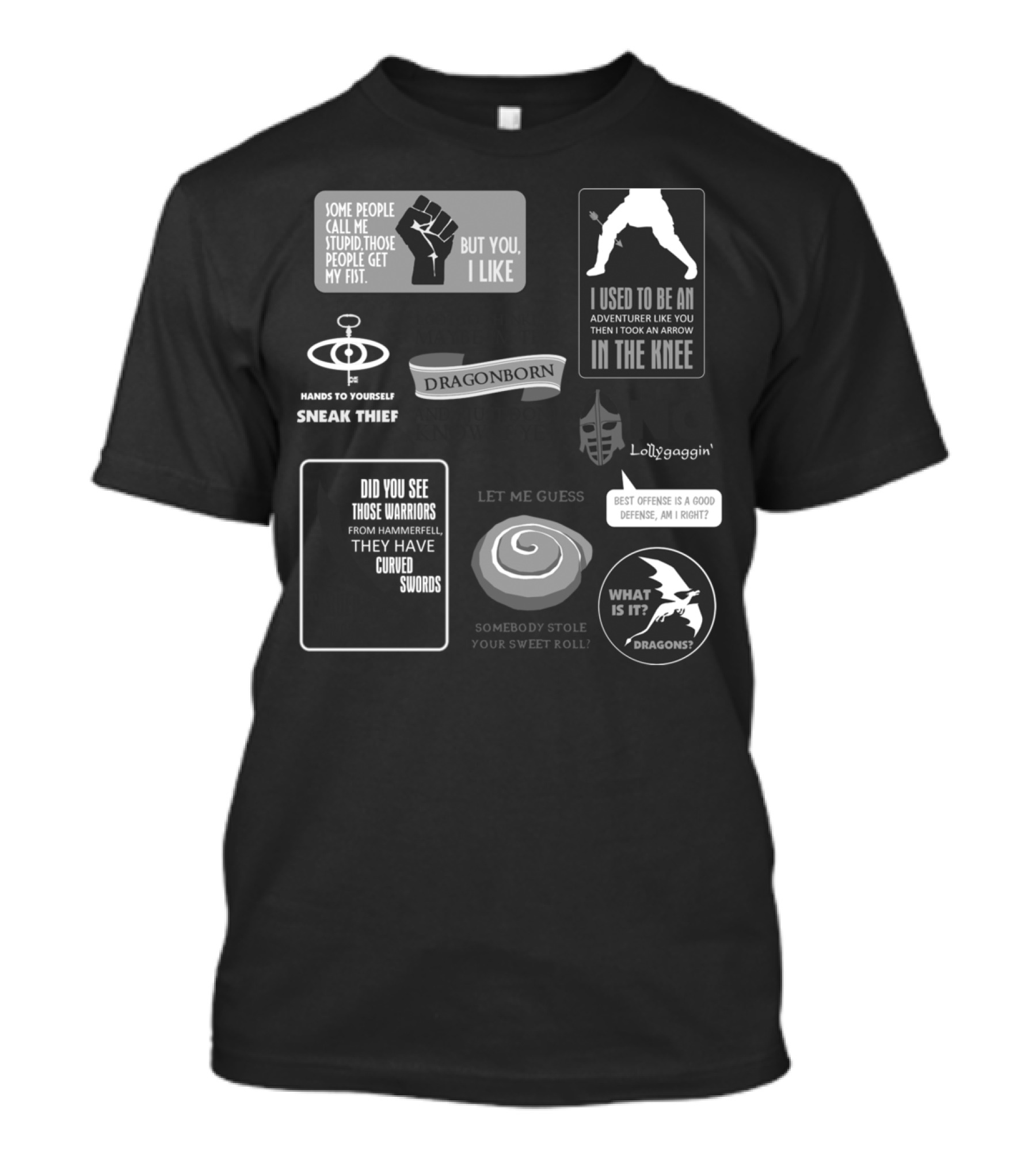 Winterhold To Whiterun Dragonborn Sneak Thief Curved Swords Somebody Stole Sweetroll No Lollygaggin What Is It Dragons T-Shirt