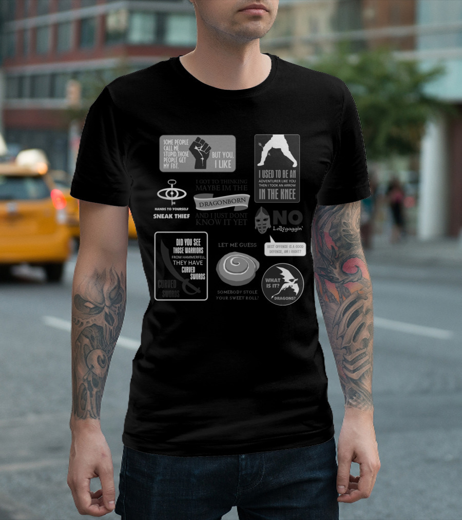 Winterhold To Whiterun Dragonborn Sneak Thief Curved Swords Somebody Stole Sweetroll No Lollygaggin What Is It Dragons T-Shirt