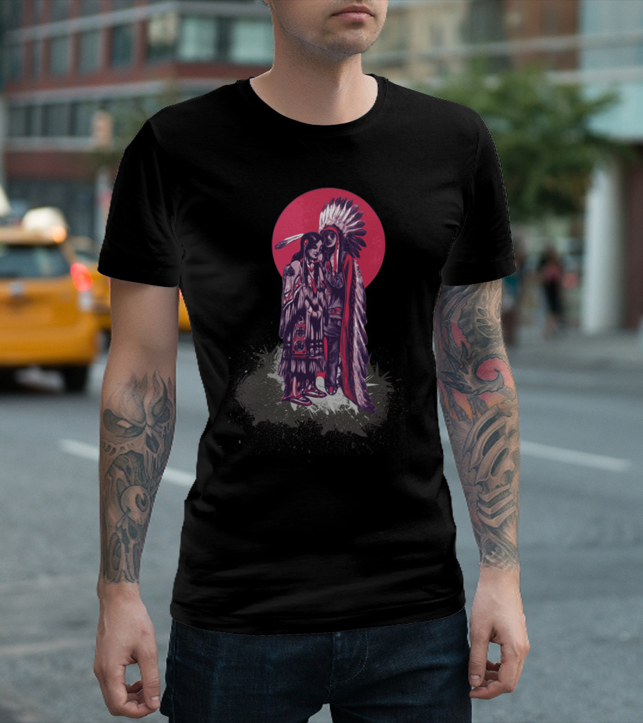 American Indians Feathered Headdress and Traditional Clothing with Red Circle Background T-Shirt