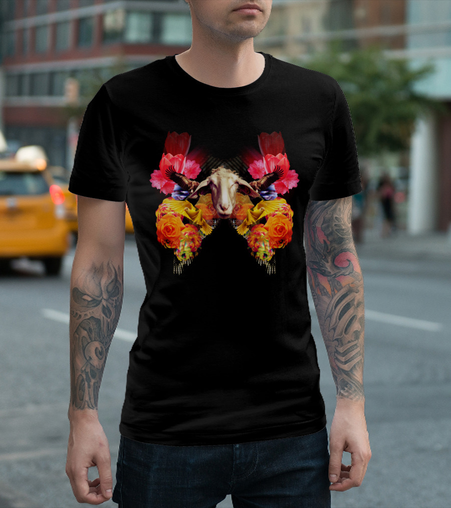 Dopey Sheep Surrounded by Vibrant Flowers and Birds T-Shirt