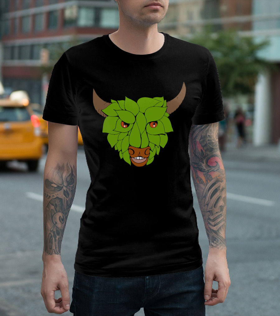 Green Bull Leaf Horns Face Drawing T-Shirt