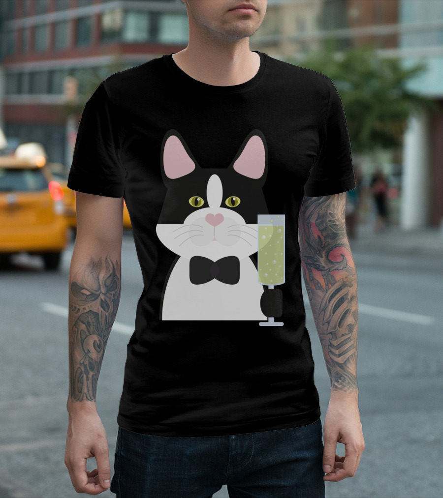 Fancy Black Cat with Bow Tie and Champagne Glass T-Shirt
