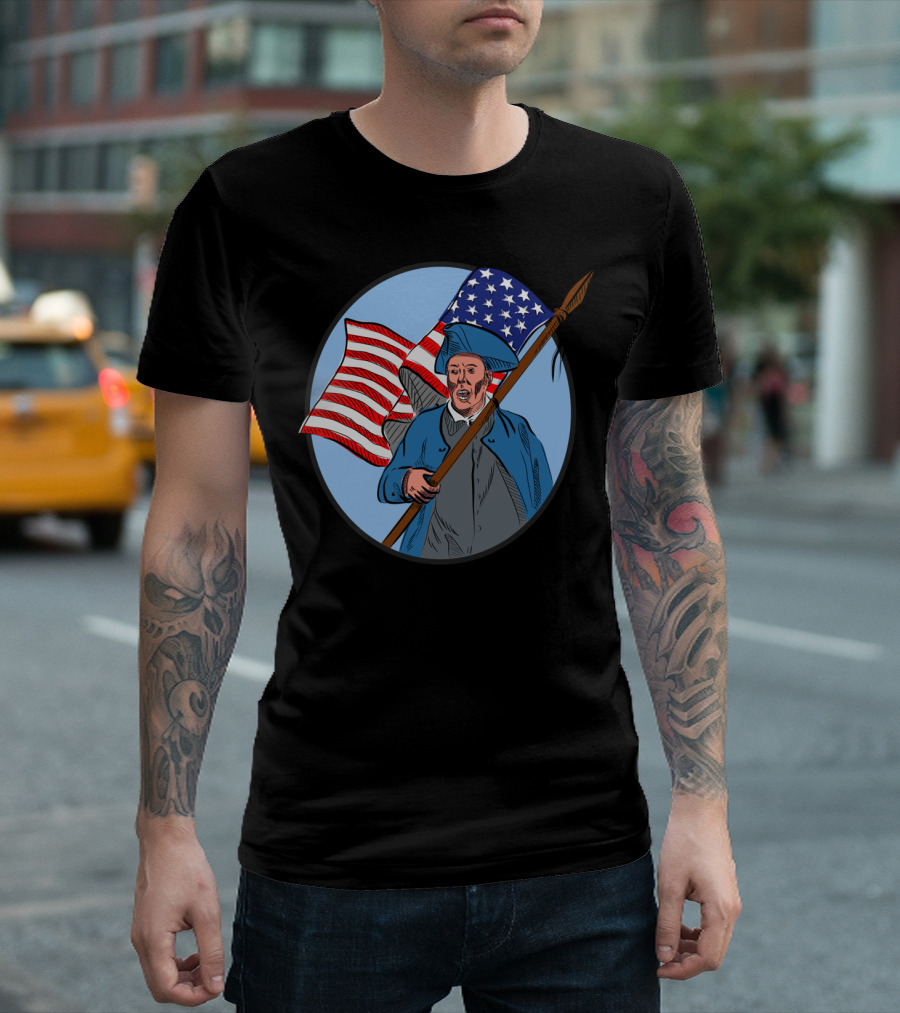 American Patriot Carrying USA Flag Circle Drawing Revolutionary Soldier Iconic T-Shirt