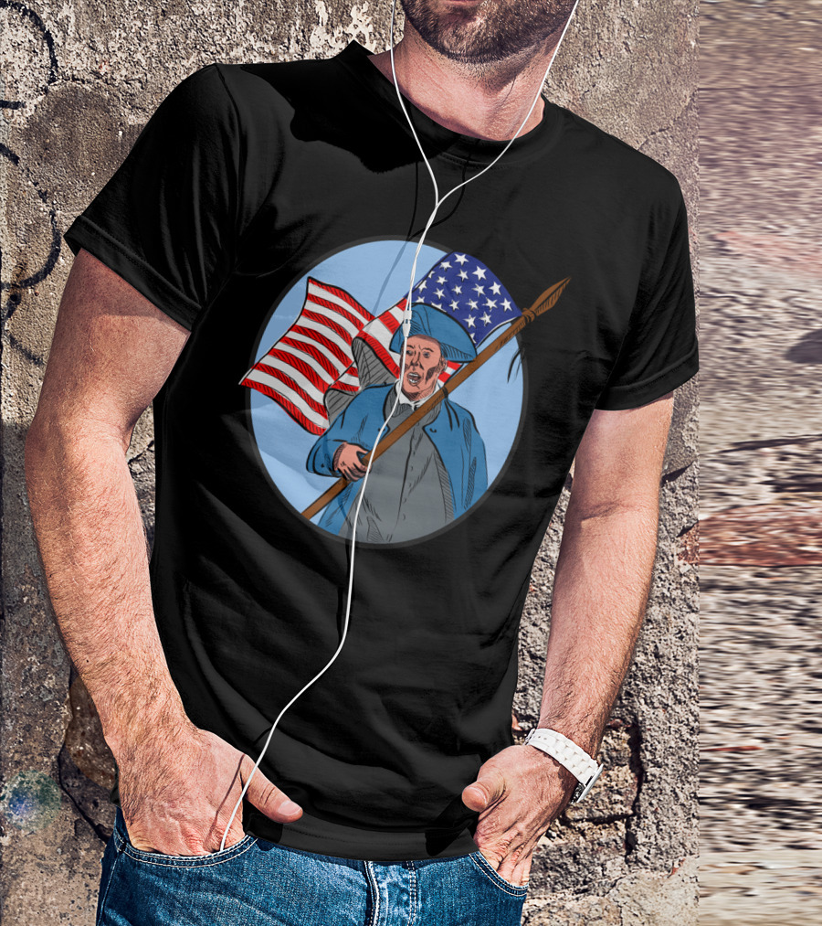 American Patriot Carrying USA Flag Circle Drawing Revolutionary Soldier Iconic T-Shirt