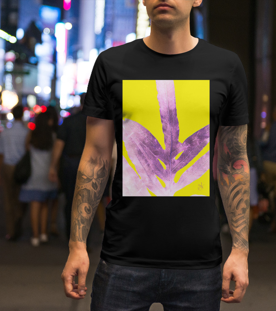 Green Fern Purple Leaf On Bright Yellow Background T-Shirt