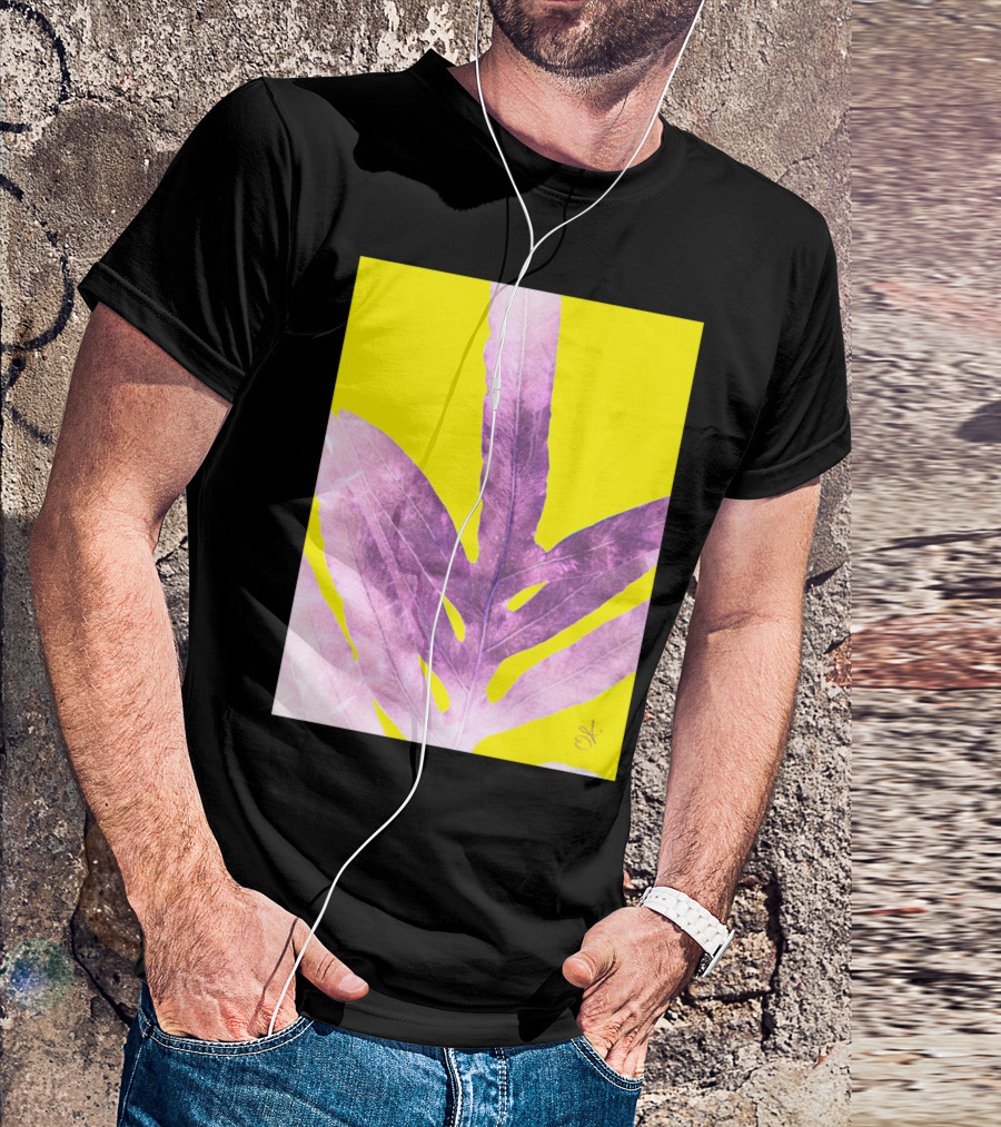 Green Fern Purple Leaf On Bright Yellow Background T-Shirt