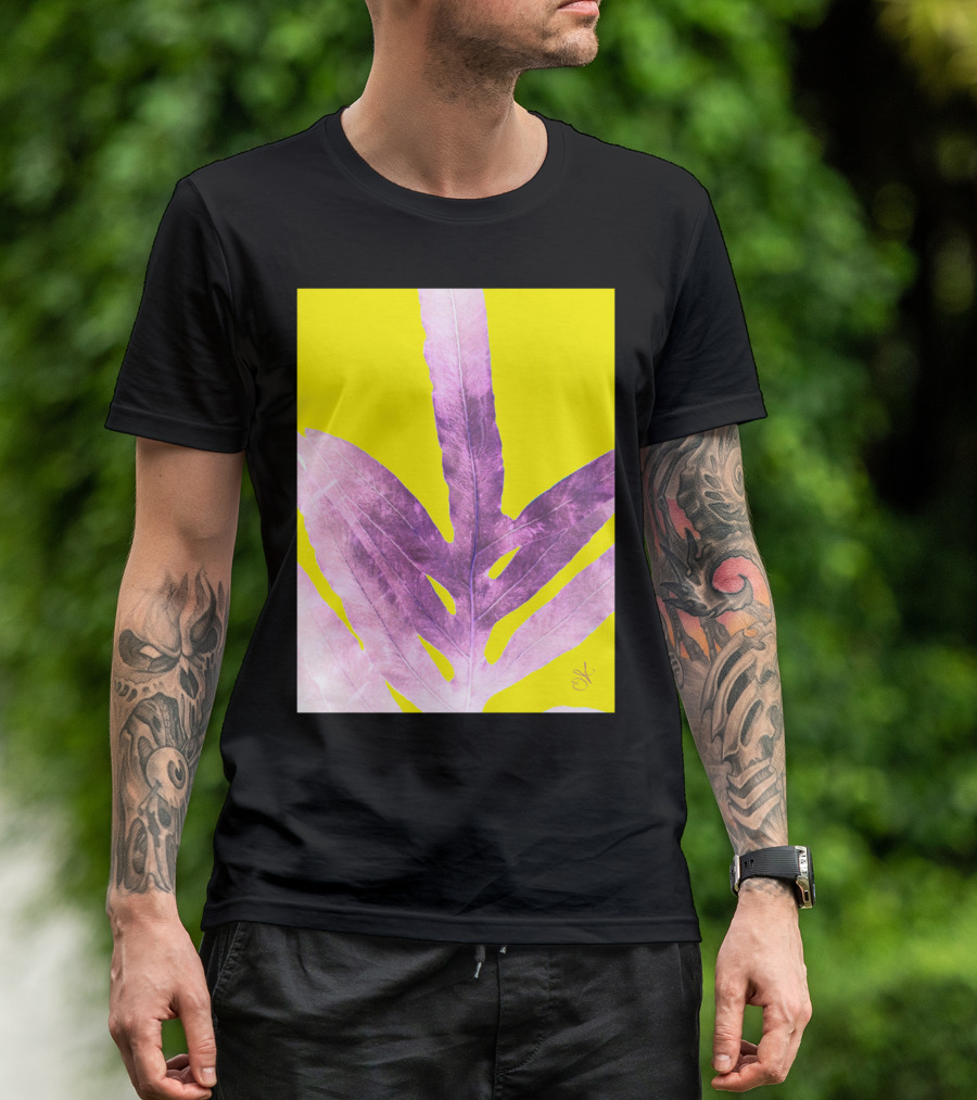 Green Fern Purple Leaf On Bright Yellow Background T-Shirt