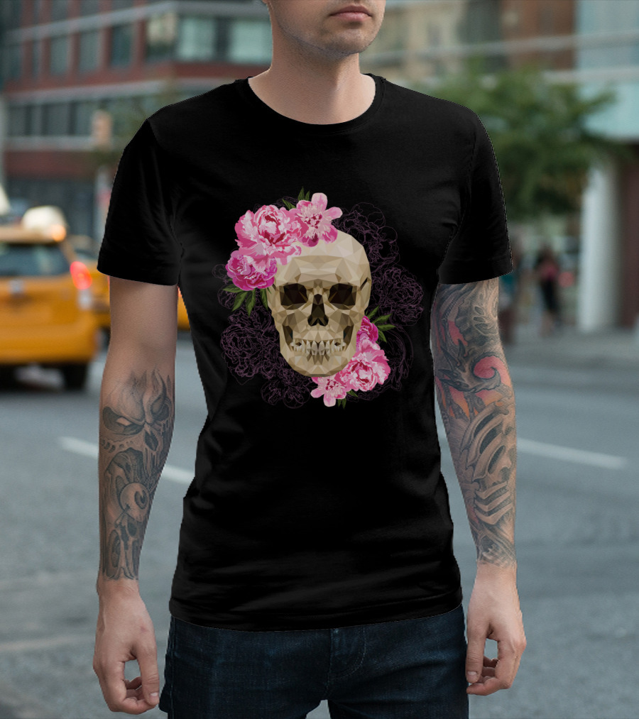 Fancy Skull Peony Blossoms Geometric Skull Floral T-Shirt