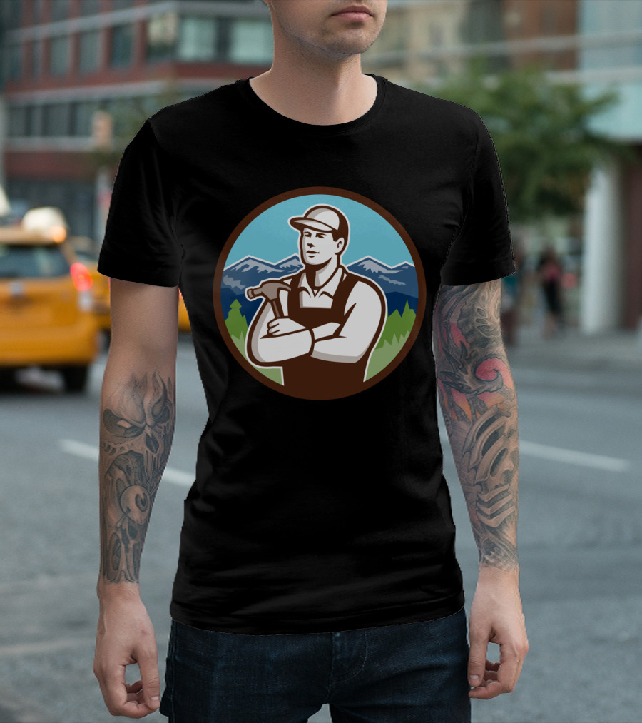 Carpenter Hammer Arms Crossed Mountain Circle T-Shirt