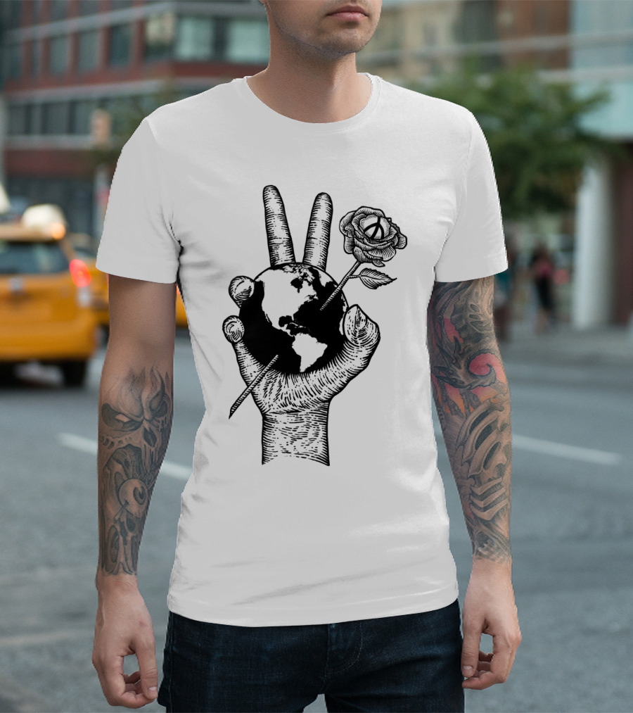 Peace World Hand Holding Earth And Rose T-Shirt