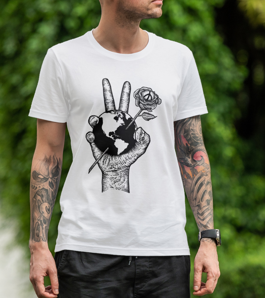 Peace World Hand Holding Earth And Rose T-Shirt
