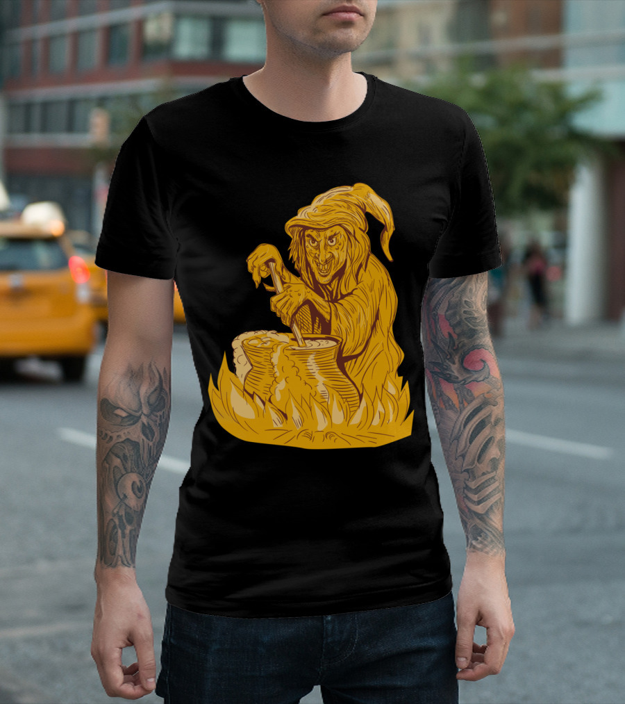 Witch Stirring Brew Cauldron with Flames Drawing T-Shirt