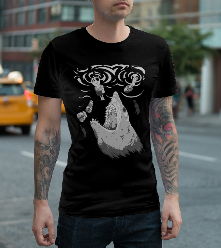 Shark Devours Human Sushi Rolls Floating In Ocean Waves T-Shirt