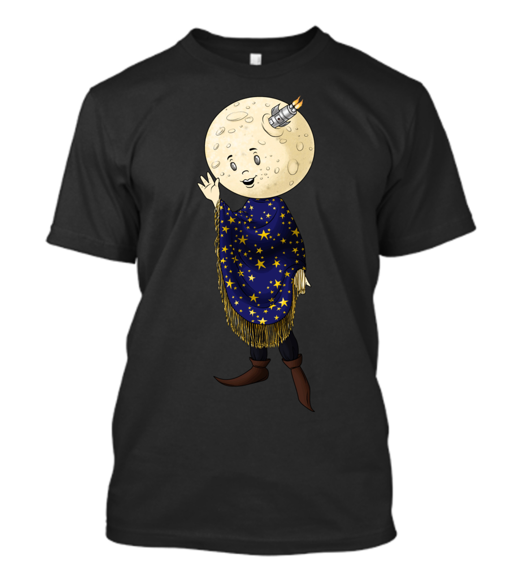 Beware The Man In The Moon Waving With Rocket Starry Cape T-Shirt