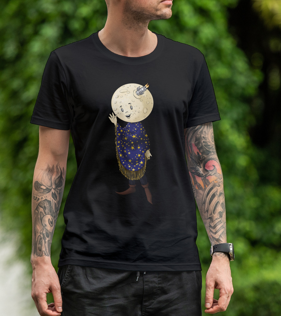 Beware The Man In The Moon Waving With Rocket Starry Cape T-Shirt