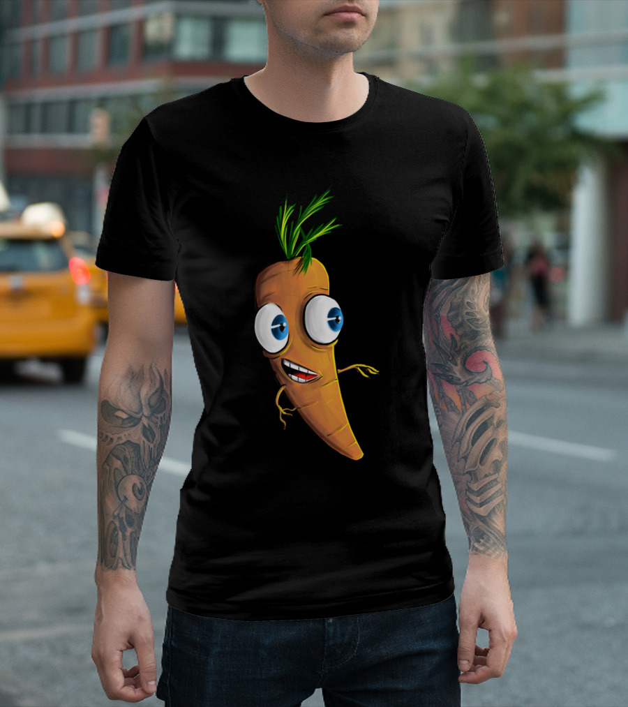 Carrot Cartoon Character with Big Eyes and Green Leaves T-Shirt