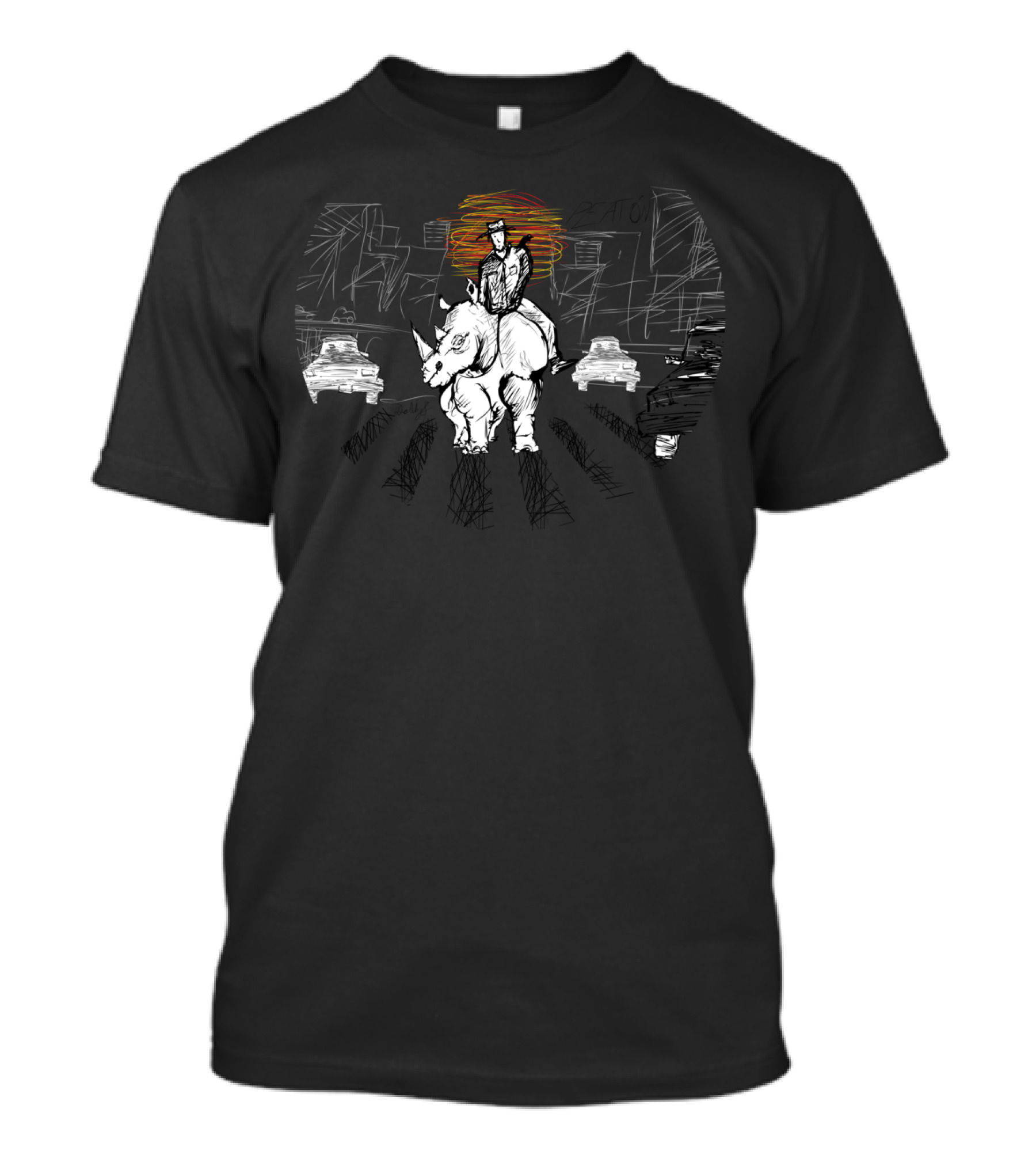 Pedestrian And Rhinoceros Sketch In City Street Crosswalk T-Shirt