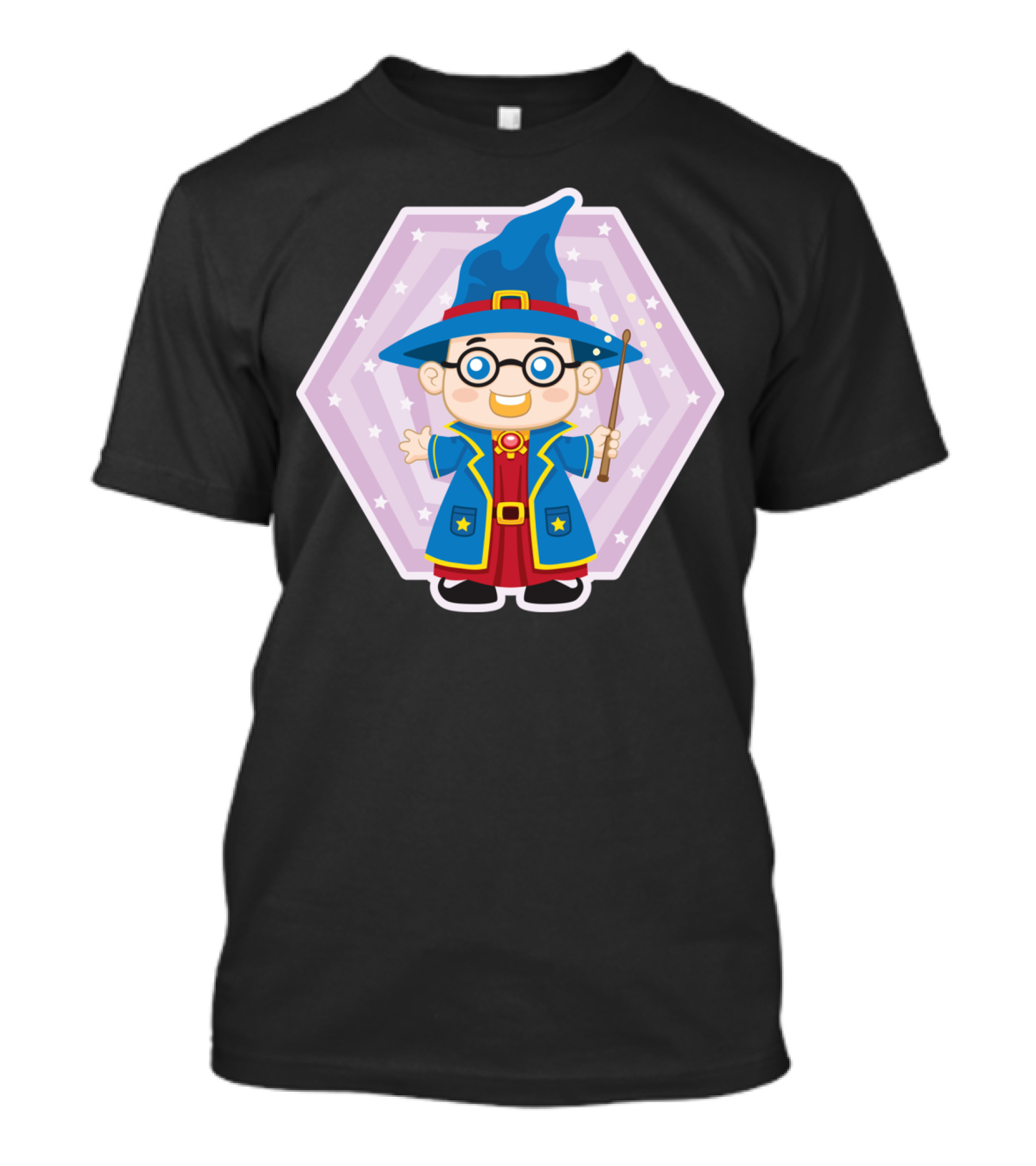 Wizard With Blue Hat And Wand In Starry Hexagon Background T-Shirt