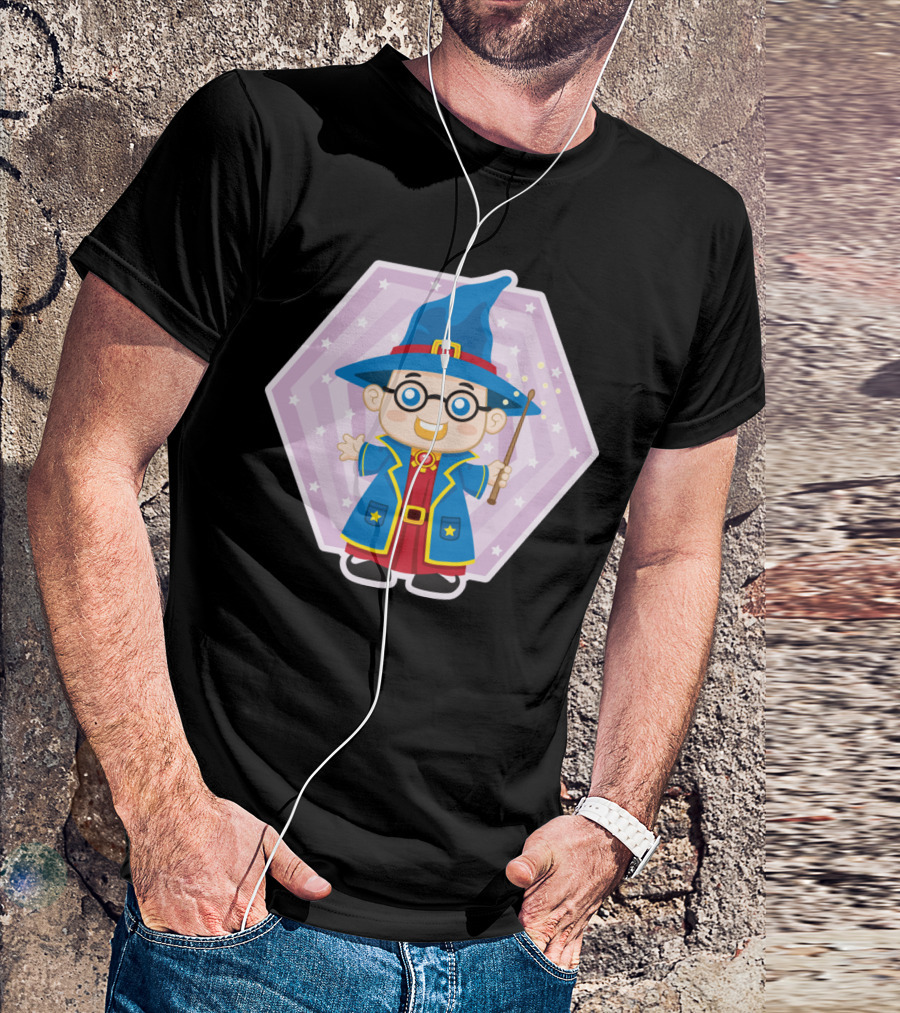 Wizard With Blue Hat And Wand In Starry Hexagon Background T-Shirt