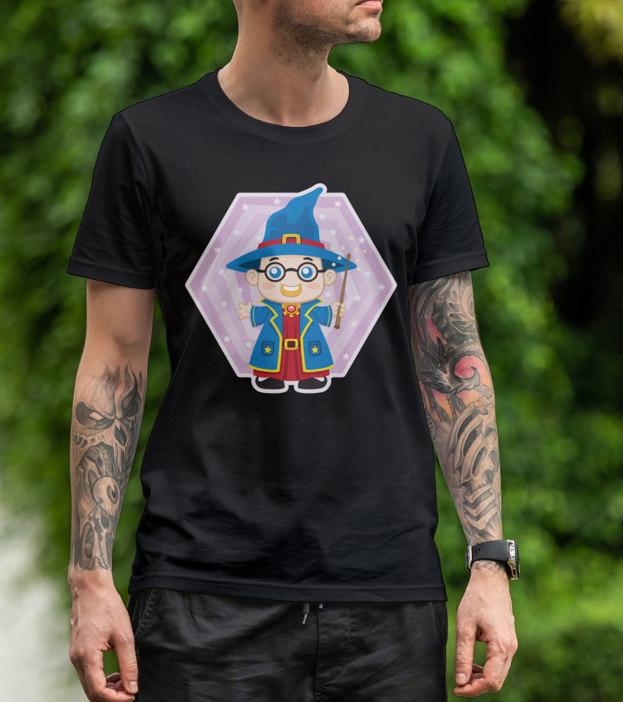 Wizard With Blue Hat And Wand In Starry Hexagon Background T-Shirt