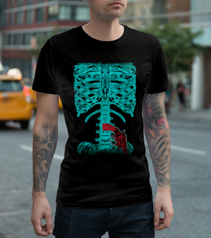 Human Xray Skeleton with Red Gun T-Shirt