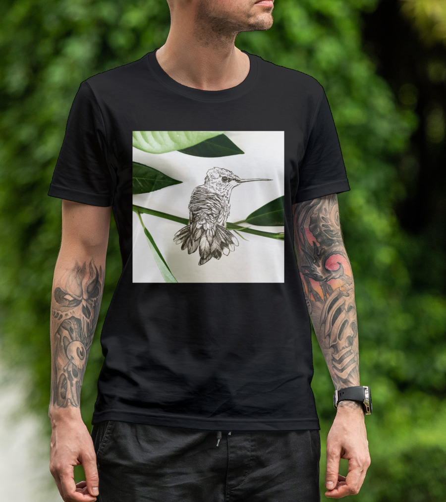 Hummingbird Perched Art Print Botanical Sketch T-Shirt