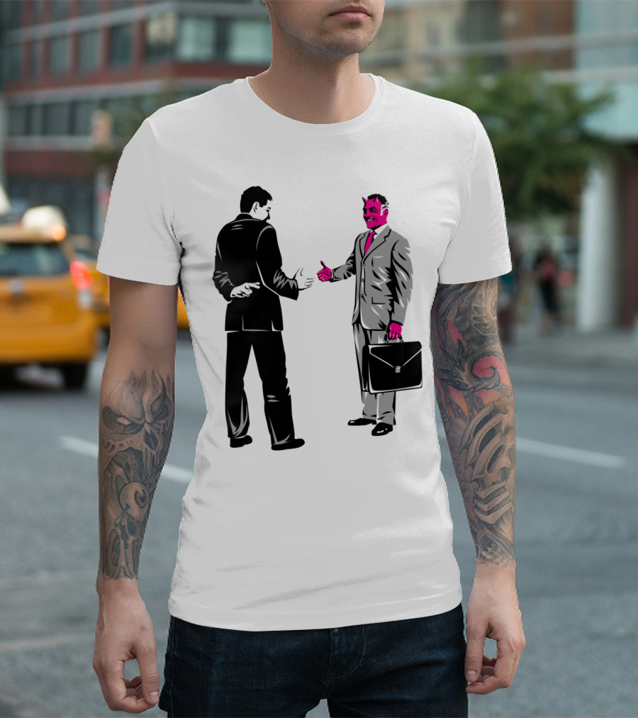 Double Crossed Handshake with Businessman and Devil T-Shirt