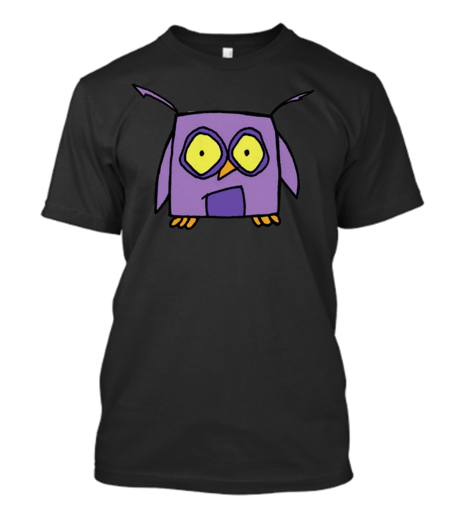 Casey The Purple Owl Cartoon Character With Big Yellow Eyes And Orange Beak T-Shirt