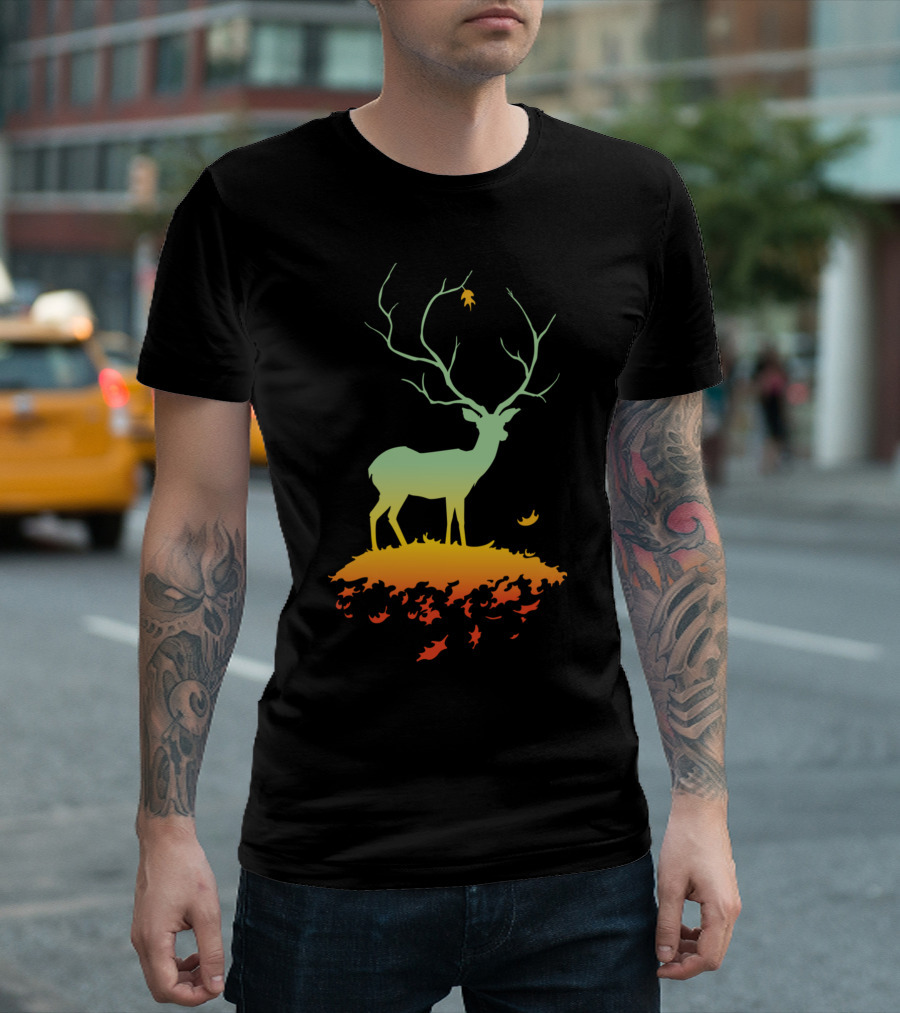 Fawn And Flora Gradient Deer Autumn Leaves T-Shirt