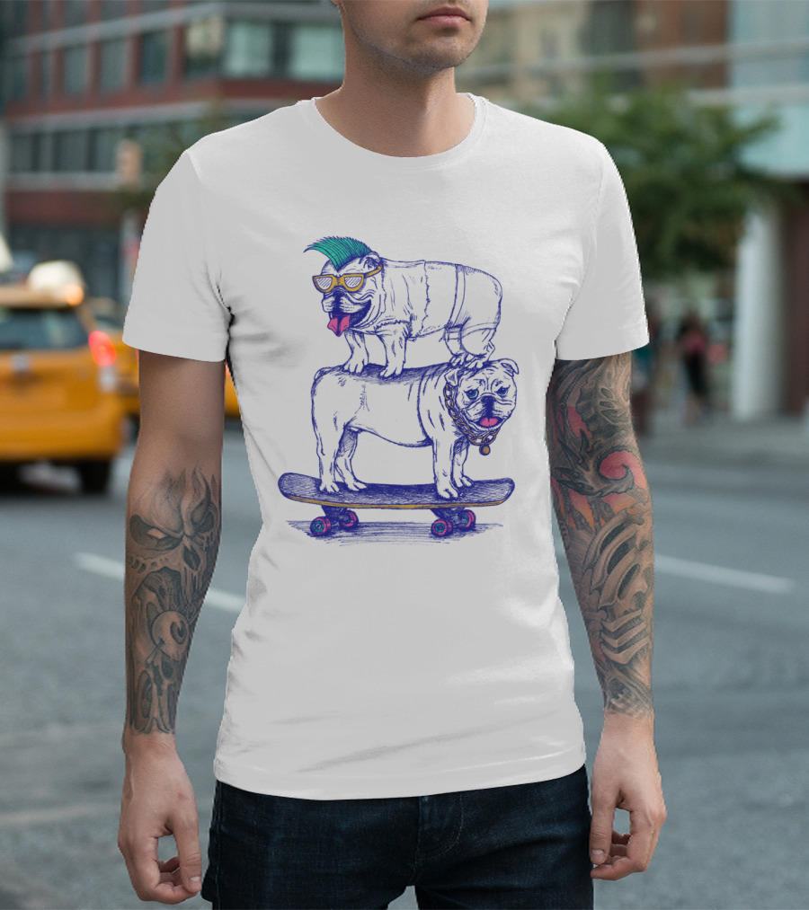 Double Dog Dare Stack with Neon Punk Bulldogs on Skateboard T-Shirt