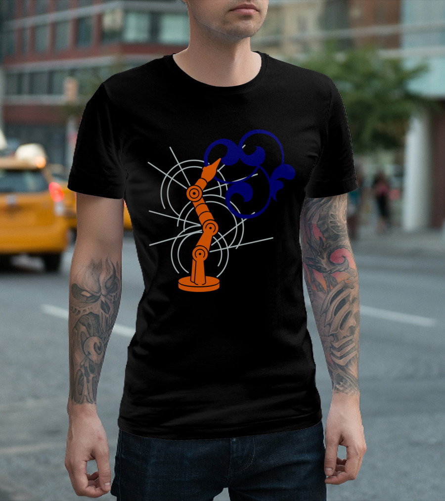 Industrial Robot VDS2 Digital Mechanical Arm With Swirling Blue Design And Concentric Circles T-Shirt
