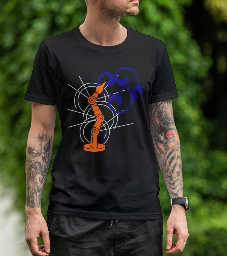 Industrial Robot VDS2 Digital Mechanical Arm With Swirling Blue Design And Concentric Circles T-Shirt