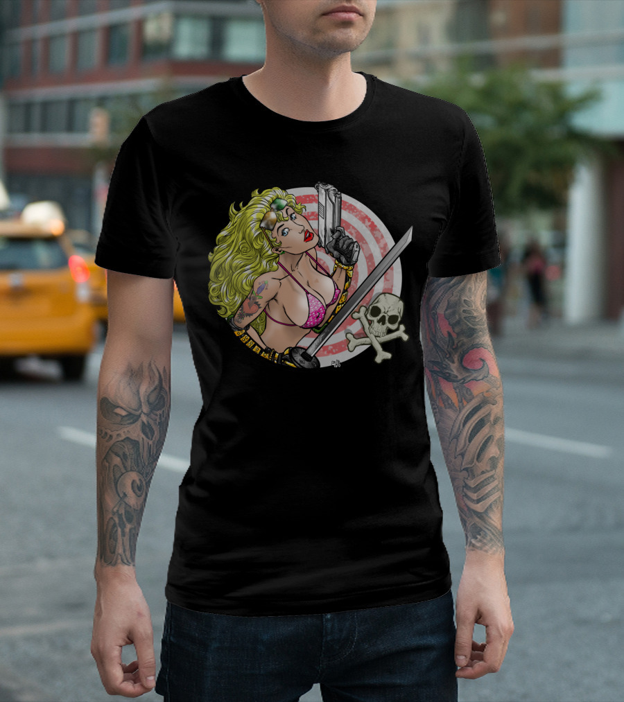 Bikini Clad Blond Street Fighter Guns Sword Skull Tattoo Spiral Background T-Shirt