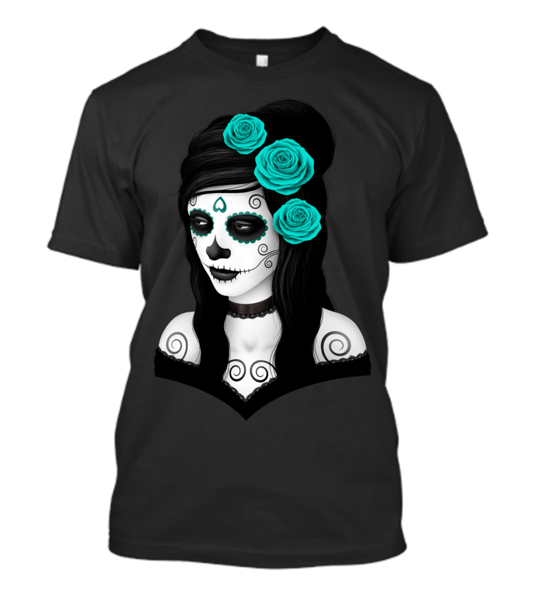 Day Of The Dead Calavera Girl With Aqua Blue Roses T-Shirt