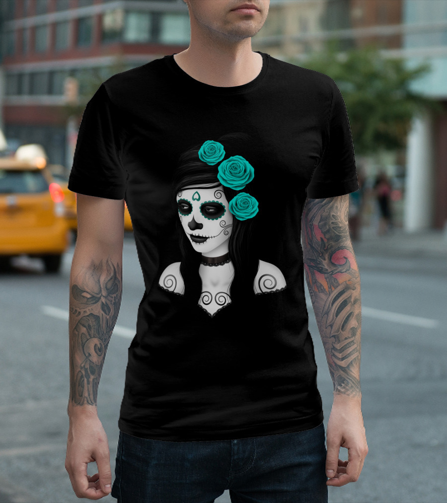 Day Of The Dead Calavera Girl With Aqua Blue Roses T-Shirt