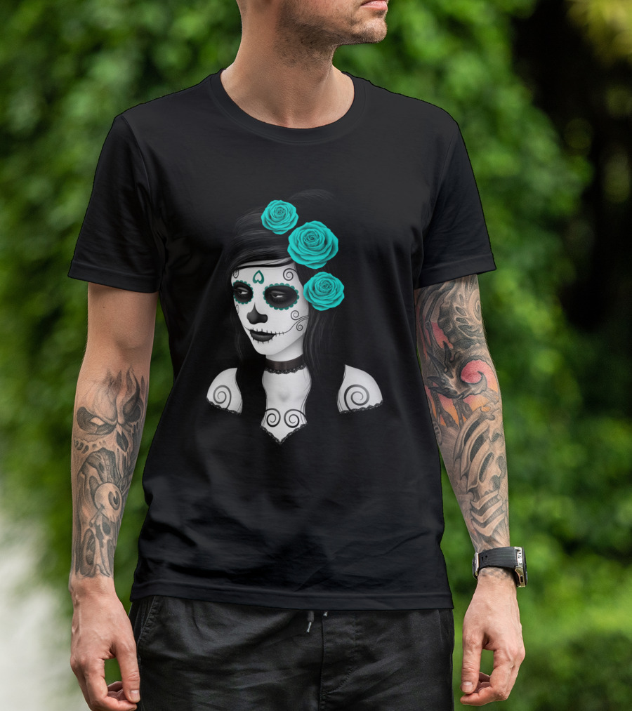 Day Of The Dead Calavera Girl With Aqua Blue Roses T-Shirt