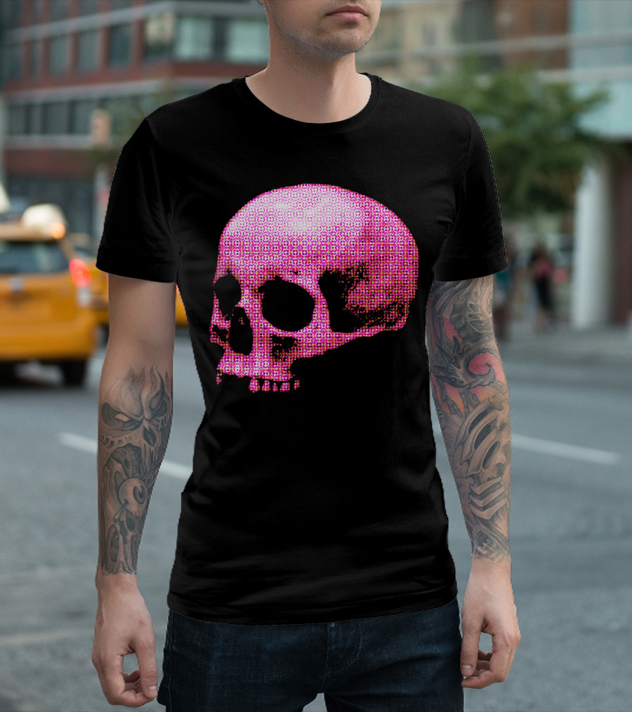Pink Halftone Human Skull Profile Retro T-Shirt