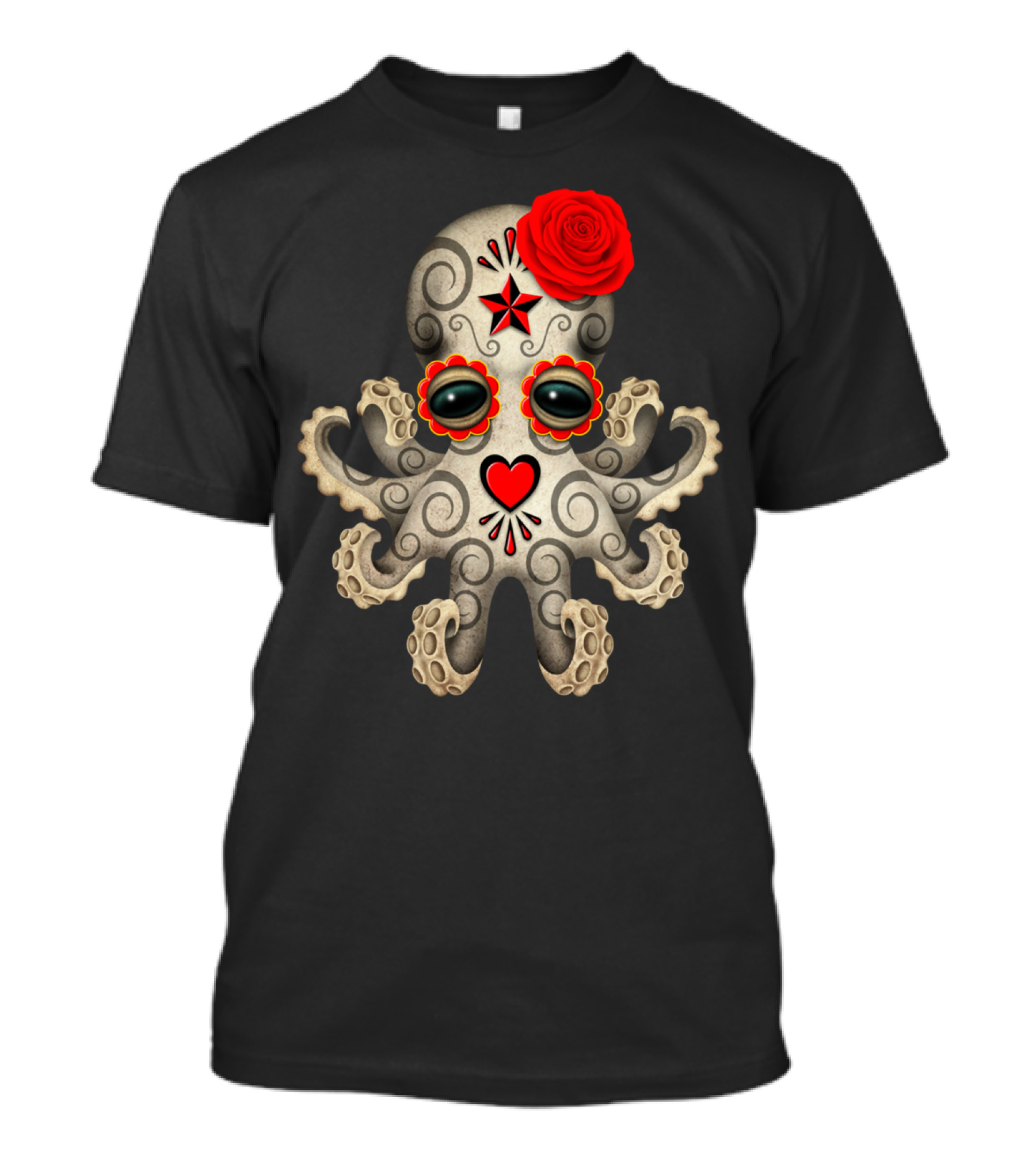 Day Of The Dead Sugar Skull Baby Octopus With Red Rose And Heart T-Shirt