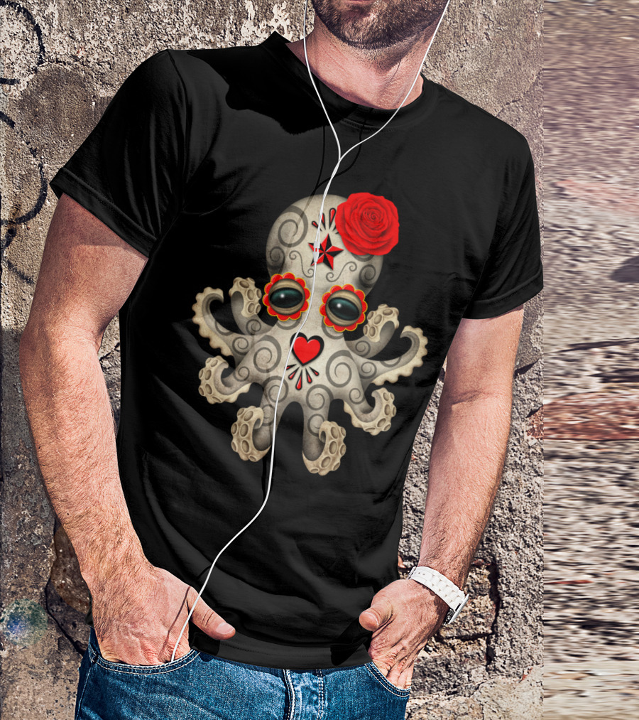Day Of The Dead Sugar Skull Baby Octopus With Red Rose And Heart T-Shirt