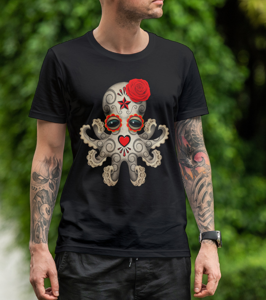 Day Of The Dead Sugar Skull Baby Octopus With Red Rose And Heart T-Shirt