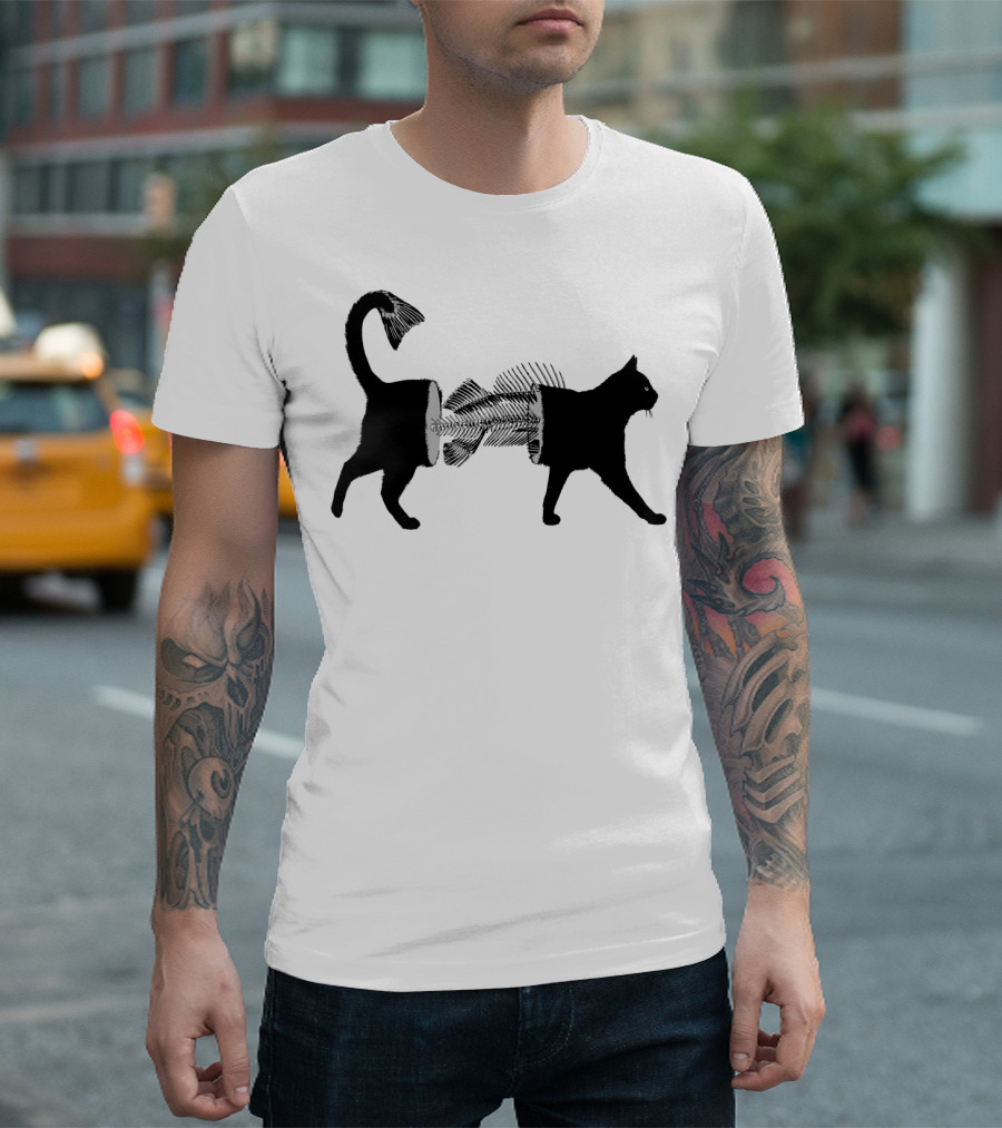 Cat Fish Silhouette with Fishbone Body T-Shirt