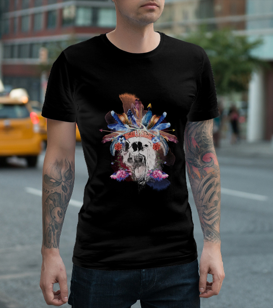 BiPolar Bear Feathered Skull with Colorful Headdress and Floral Accents T-Shirt