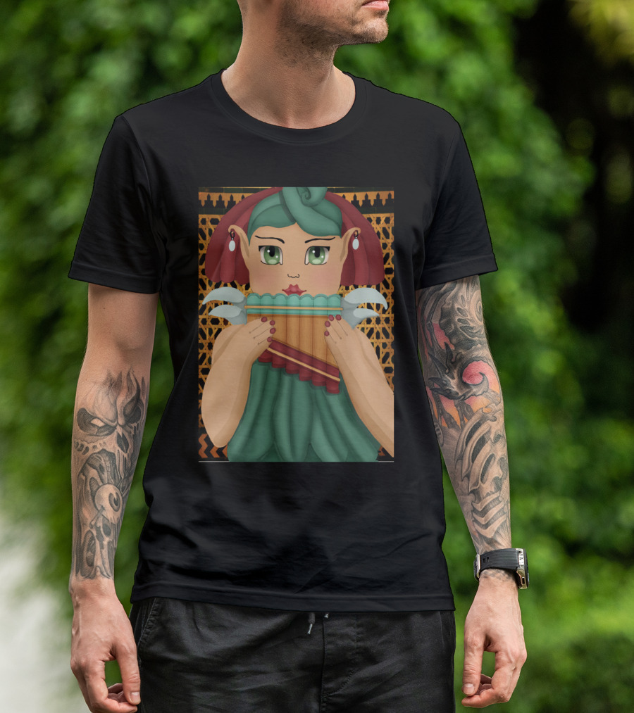 Ancient Pan Pipe Music Illustration With Traditional Character Playing Flute T-Shirt