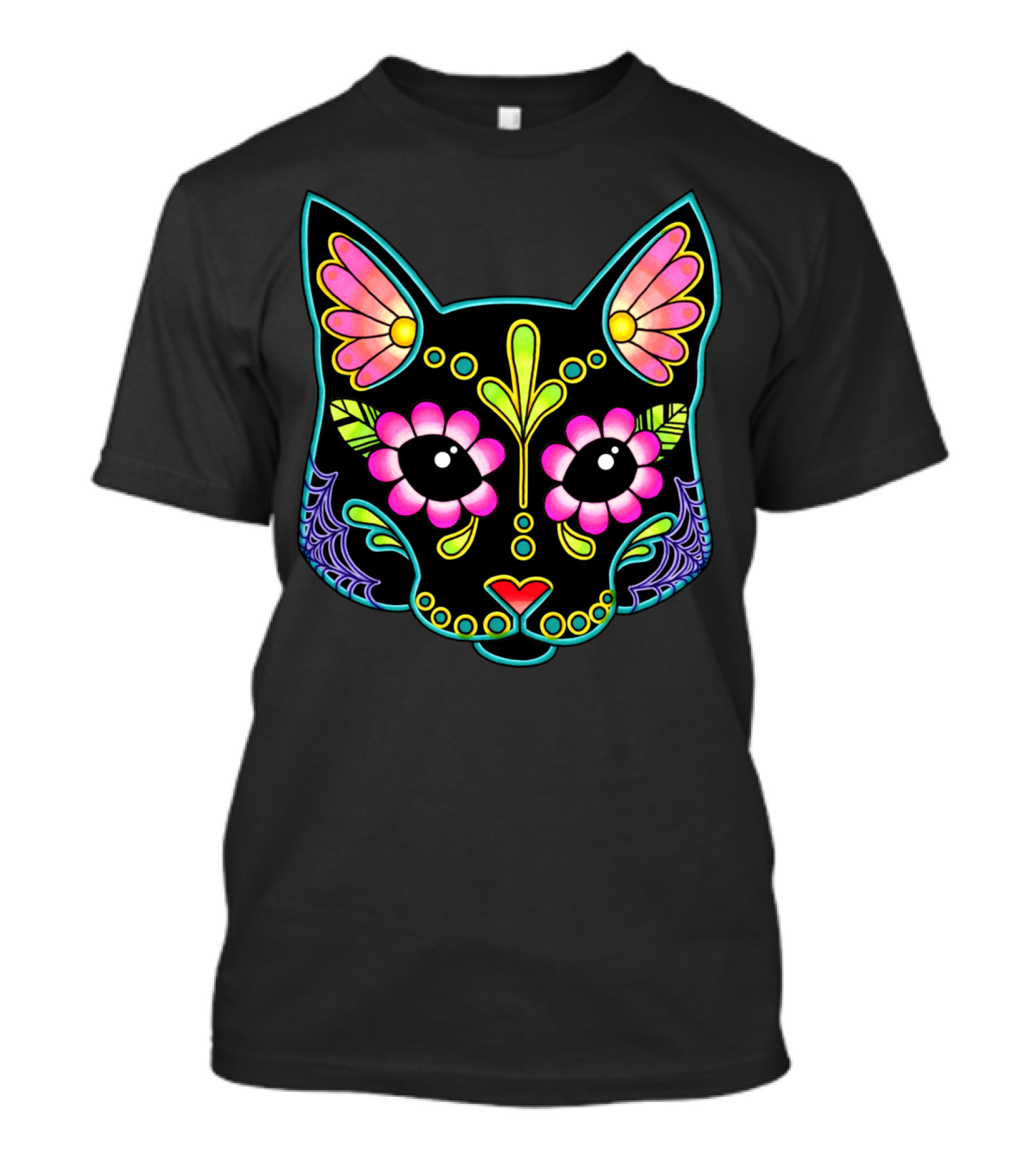 Cat Sugar Skull Day Of The Dead Black T-Shirt