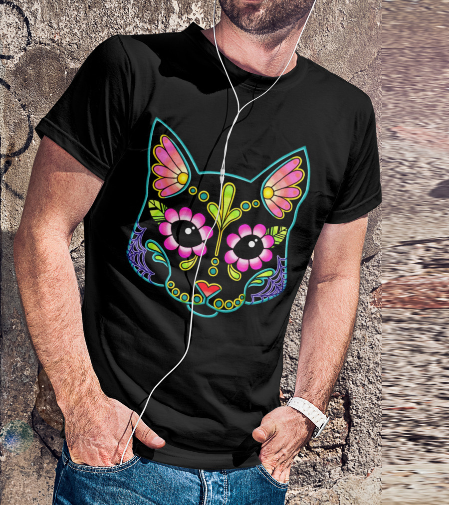 Cat Sugar Skull Day Of The Dead Black T-Shirt