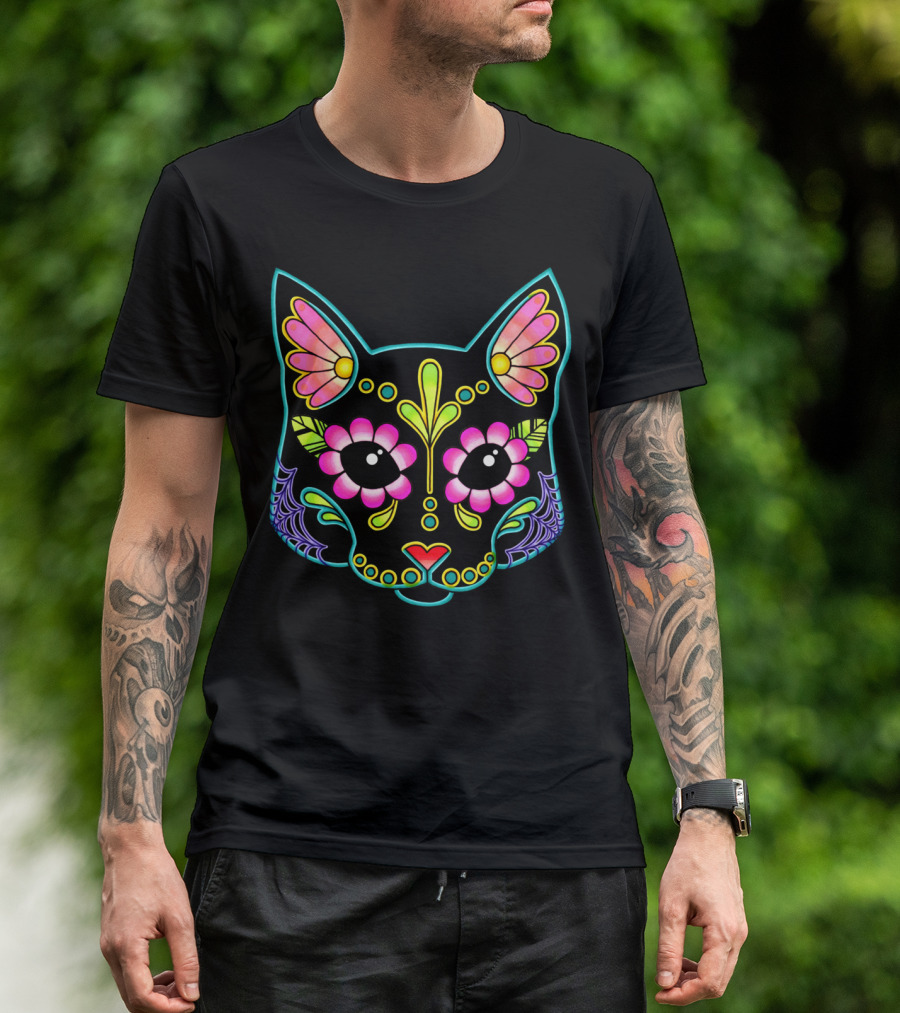 Cat Sugar Skull Day Of The Dead Black T-Shirt