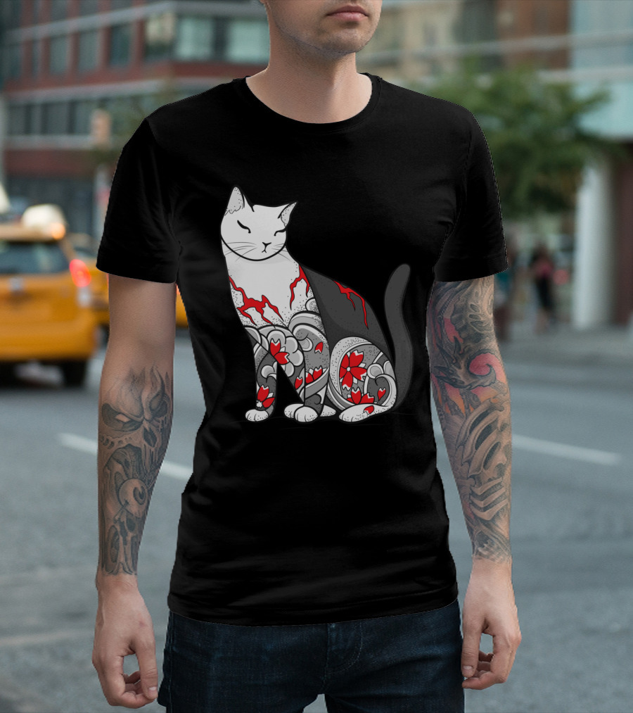 Cat Yin Yang Cherry Blossom Tattoo T-Shirt