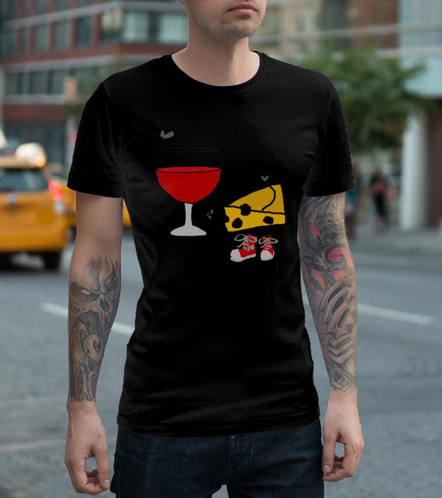 Funny Wine and Cheese with Cartoon Character Sneakers T-Shirt