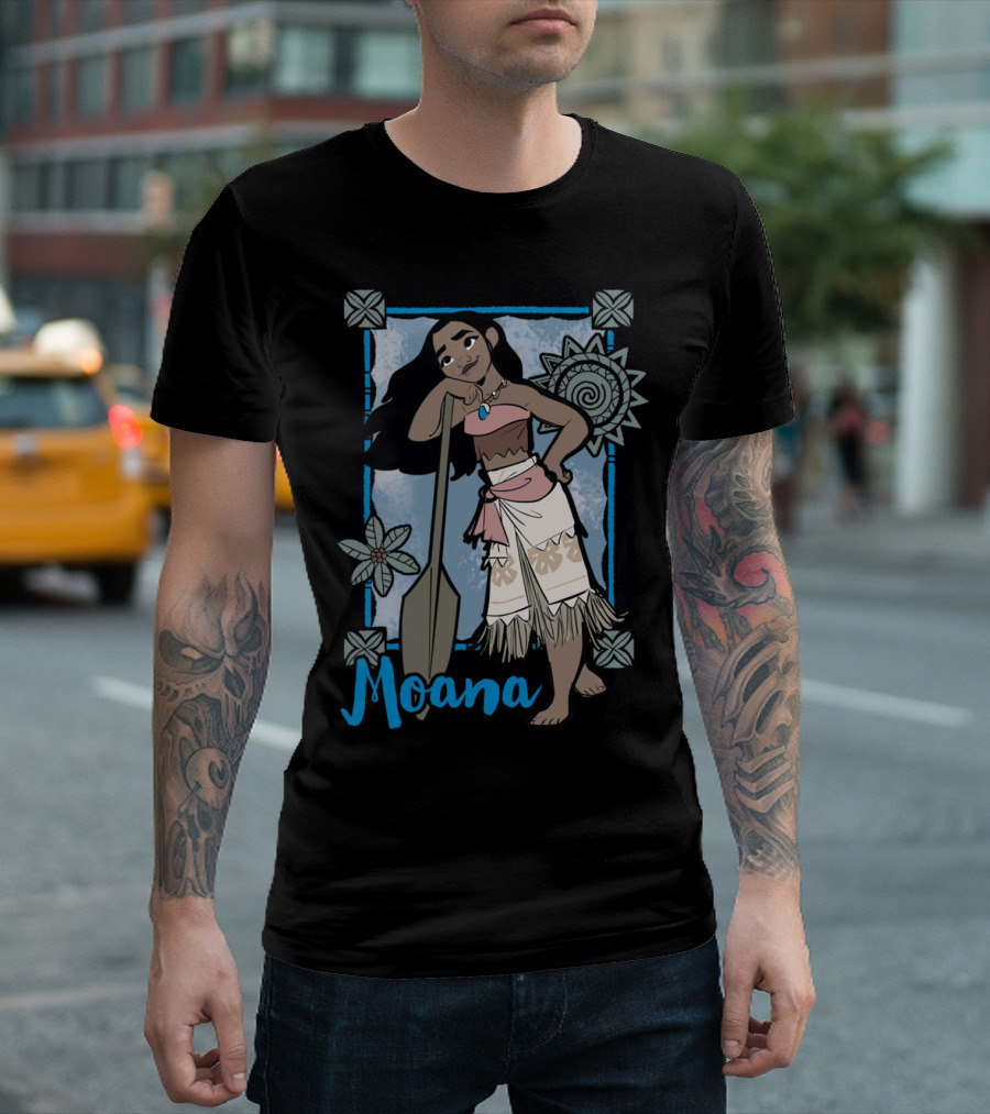 Moana With Paddle And Shell Necklace In Floral Ocean Frame T-Shirt